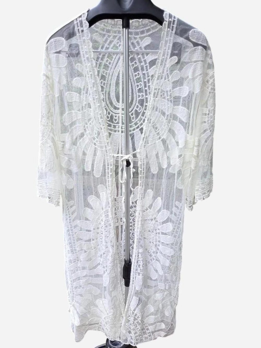 Sheer Cream Lace Floral Duster Kimono Cardigan Cover Up One Size